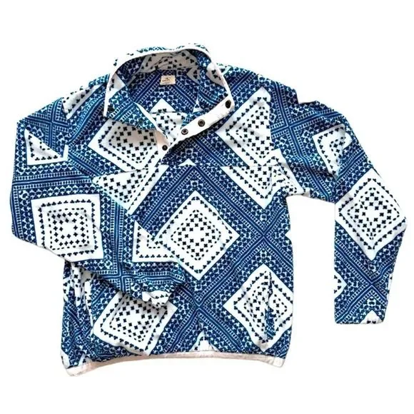O'NEILL BLUE AND WHITE DIAMOND BATIK 1/4 SNAP FLEECE JACKET - Picture 1 of 6